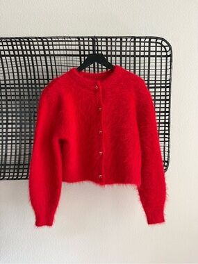 Classic Red Fuzzy Button Cardigan Sweater